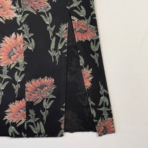 Vintage Lovey U-Dear Floral Midi Skirt Black Sunflower Print Raw Hem Slit Size L - Picture 2 of 14